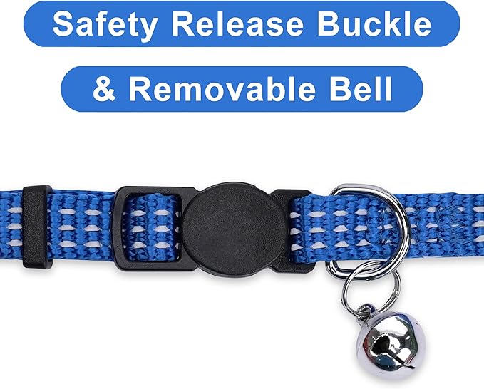 Pawtitas Reflective Blue Cat Collar with Safety Buckle, Removable Bell, One Size, Adjustable 8-12 inches, Nylon, Reflective, Easy to Clean