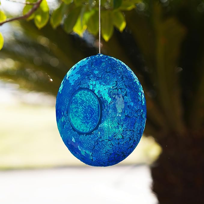 Topadorn Bird Feeder Fly Through Mosaic Round Stained-Glass Birdfeeder, Outdoor Hanging Blue Wild Bird Feeder Squirrels-Proof for Garden Decoration Gift, 9"