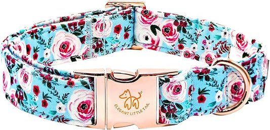 Elegant Little Tail Pink Floral Print Summer Dog Collar - Cotton, Durable, Metal Buckle - Large Dogs, Blue Flower