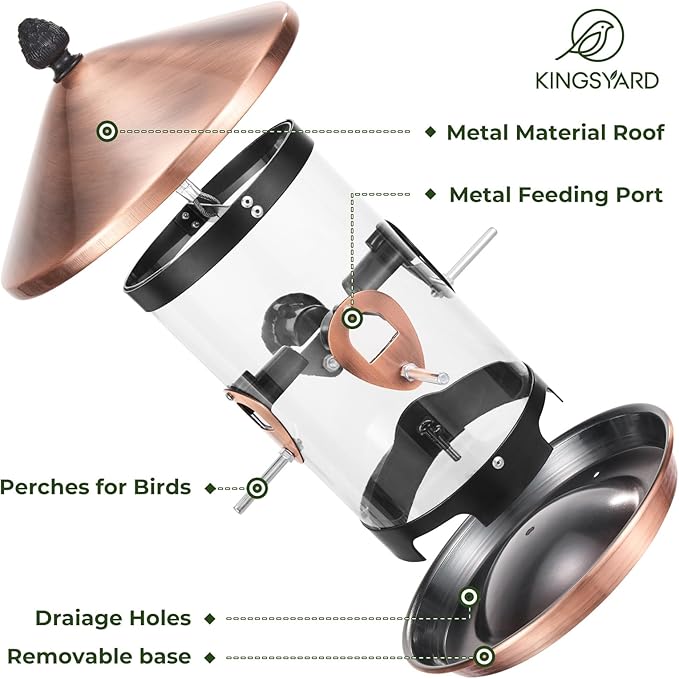 Kingsyard Metal Bird Feeders for Outdoors Hanging with 8 Ports, 3 lbs Large Tube Bird Feeder with Seed Tray for Cardinal Finch, Easy to Fill and Clean, Copper