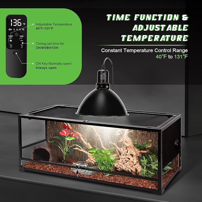 Reptile Light Fixture with Thermostatic Timer, 8.5 Inch Deep Dome Lamp Cap Reptile Heat Lamp Fixture with Separate Switches, Terrariums Light Fixture for Ceramic Heating Lamp Bulb