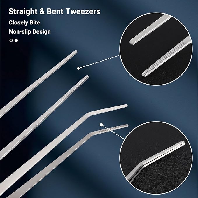 Segarty Longer Tweezers Aquascaping Tools with 1 Bag, 2 in 1 Stainless Steel Silver Aquarium Tools Kit for Fish Tank Aquatic Plant, Feeding Tweezer Curved Tweezer Anti Rust Aquascape Set