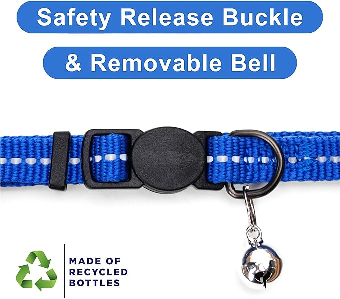 Pawtitas Recycled Cat Collar with Reflective Stitched and Safety Buckle Removable Bell Reflective Cat Breakaway Collar Made from Plastic Bottles - Blue Ocean Cat Collar.