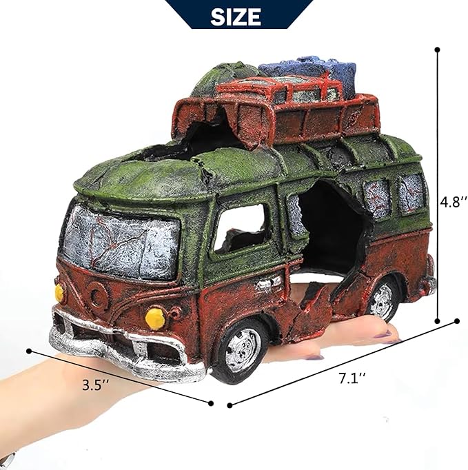 Car Wreckage Aquarium Ornament Car Wreckage for Fish Tank Underwater Landscape Decoration Hiding Cave Hideouts House Plants Supplies Accessories – Small(Green)