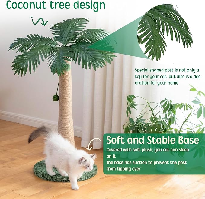 43 Inches Tall Cat Scratching Post for Large Cat, Coconut Tree Shaped Sisal Scratcher for Indoor Cat with 3 Pompoms