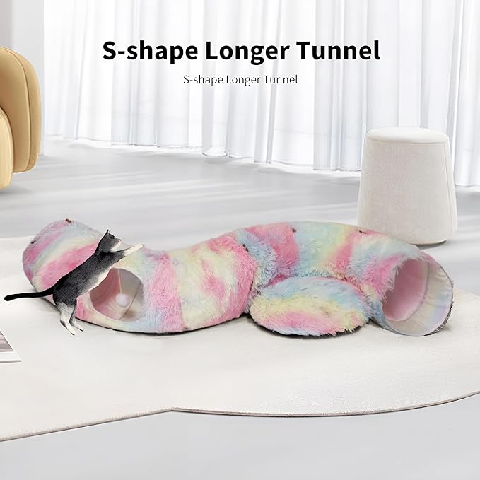 Cat Tunnel Bed for Indoor Cats with Washable Cushion Cat Cave Donut Tunnel with Fluffy Ball Big Round Tube Pet Playground Toys Soft Plush Peekaboo for Kitten, Cat, Puppy, Rabbit, Ferret (Colorful)