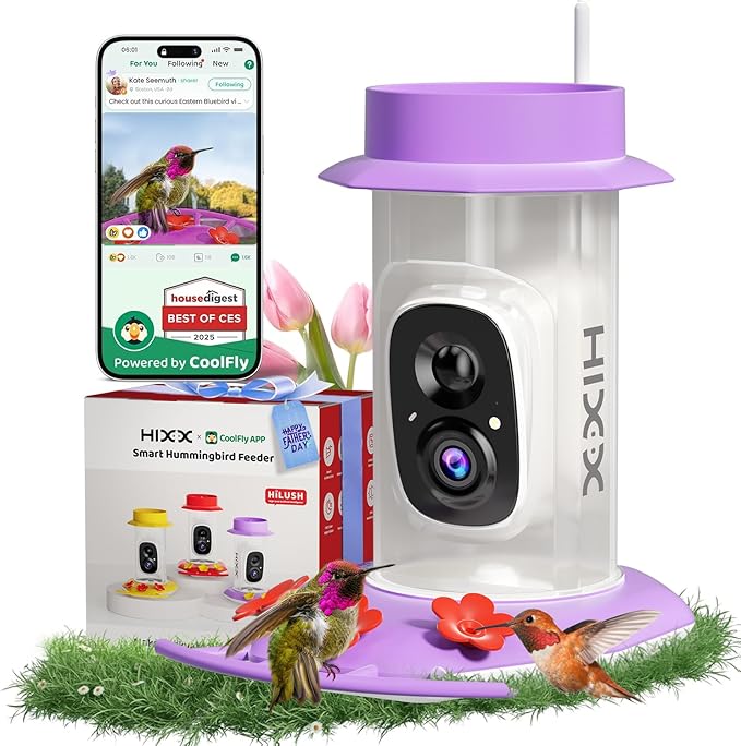 HIXX Smart Hummingbird Feeder with Camera Solar Powered, with Ant Moat & Bee Proof AI Bird Recognition, Easy Clean & Refill, with Coolfly Birdwatching APP, Ideal Gifts for Hummingbird Lover (Purple)