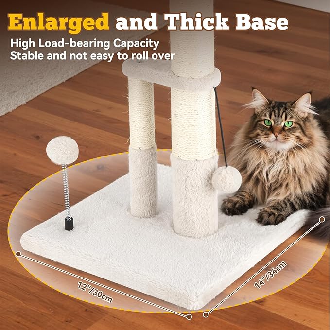 Dimaka Tall Cat Scratching Post, Double Lower Posts Extra Stable Cat Post Tree Scratcher with Sisal Rope and Teasing 4 Balls Total Large Base (Beige)
