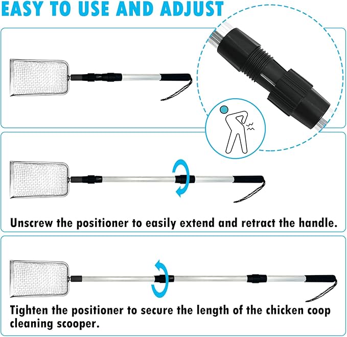 PINVNBY Stainless Steel Chicken Poop Scooper 3 in 1 Adjustable Long Handle Poop Scooper for Chicken(22.3" to 47.6") Multifunctional Chicken Coop Cleaning Tools Sifting Shovel Chicken Coop Accessories