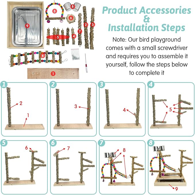 PINVNBY Bird Playground Natural Wood Parrot Perch Stand Bird Play Gym Colorful Climb Ladder Swing with Metal Tray and 2 Stainless Steel Cups Bird Cage Accessories for Conure Cockatiel Parakeet Lovebir