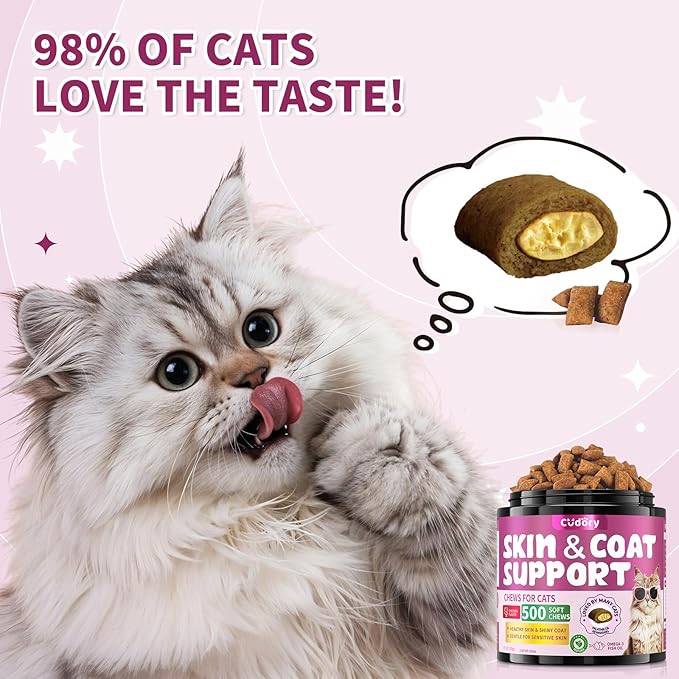 Natural Skin and Coat Support for Cats - Crunchy & Creamy Chews with Omega 3, Biotin & Vitamin E for Healthy Skin, Shiny Fur, Cat Supplements & Vitamins -Chicken(500 Chews