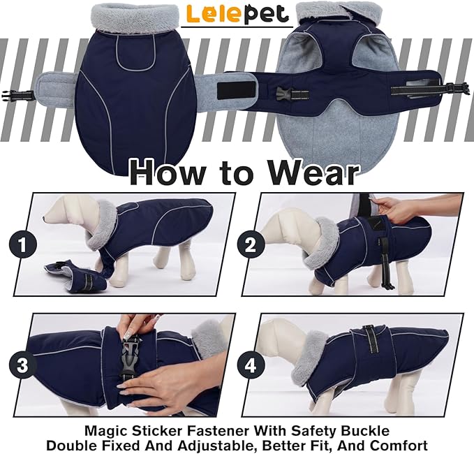 Lelepet Warm Dog Coat Reflective Fleece Vest Waterproof Dog Jacket with Adjustable Buckle Hook & Loop Windproof Cold Weather Coats for Small Medium Large Dogs, Navy Blue, S