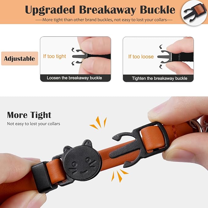 Upgrade Breakaway Cat Collar with Bells, Soft Leather Kitten Collars with Name Tag,Safety Adjustable Buckle,Lightweight,Ideal for Girl Boy Cats,Pink+Orange