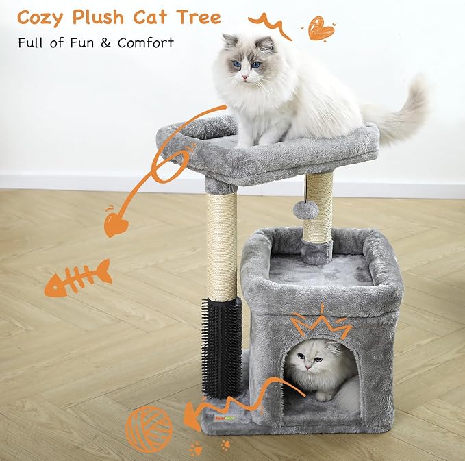 Small Cat Tree with Scratching Post Indoor, Cat Trees for Indoor, Cat Tower with Condo, Plush Cozy Perch, Massage Brush, Activity Hanging Pompoms