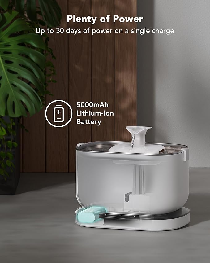 PETLIBRO Cordless Cat Water Fountain, Rechargeable Battery Operated Wireless Pet Water Fountain, 2.5L/84oz Cat Water Dispenser for Drinking with Quiet Pump Stainless Steel Tray Easy Clean BPA Free