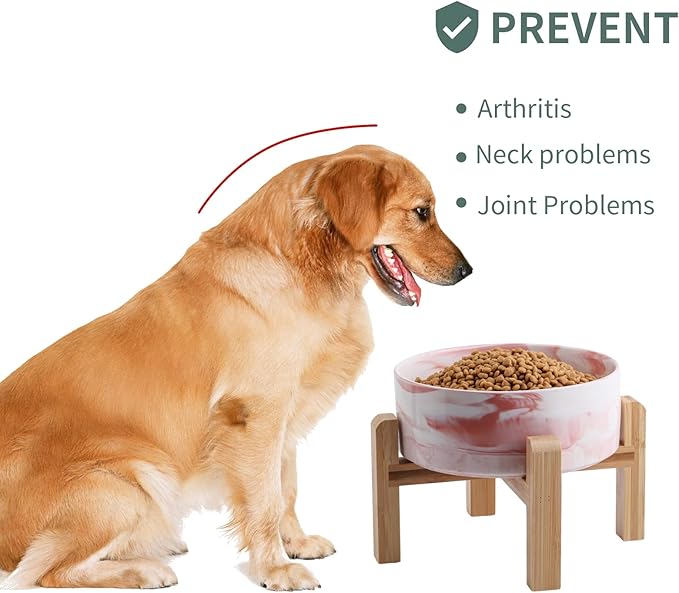 Elevated/Raised Dog Bowl Ceramic for Medium Large Sized Breed,Dog Food Water Bowl with Stand,8 in 7.6 Cups Non Slip Heavy Weighted Dog Dish Marble Pink