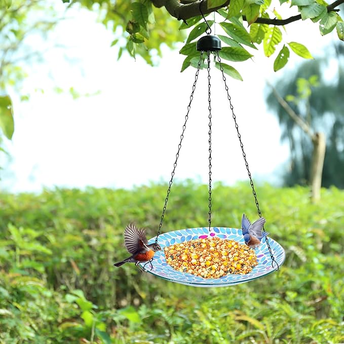MUMTOP Mosaic Hanging Bird Bath-Bird Baths for Outdoors - 12 Inch Glass Bird Water Bowl Bird Feeders for Outside, Garden, Lawn Yard Decor(Blue)