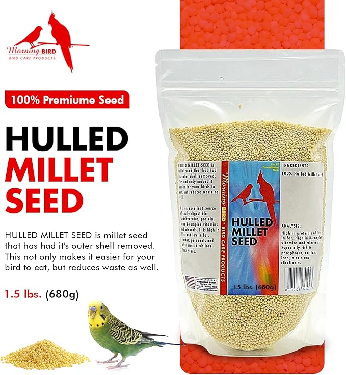 Morning Bird Hulled Millet 1.5 lb – Nutritious Hulled Millet Seed, Easily Digestible with High Fiber, Rich in Vitamins and Supplements for Birds, Ideal Bird Feed for All Bird Types.