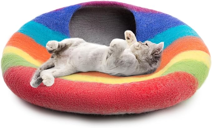 Woolygon Premium Felt Cat Cave Bed β Wool Kitty Beds Handcrafted Kitten Caves Bed for Indoor Cats - Made from 100% Eco-Friendly Merino Wool, Foldable Cat Hidewawy Covered Cat House Pod (Rainbow Twist)