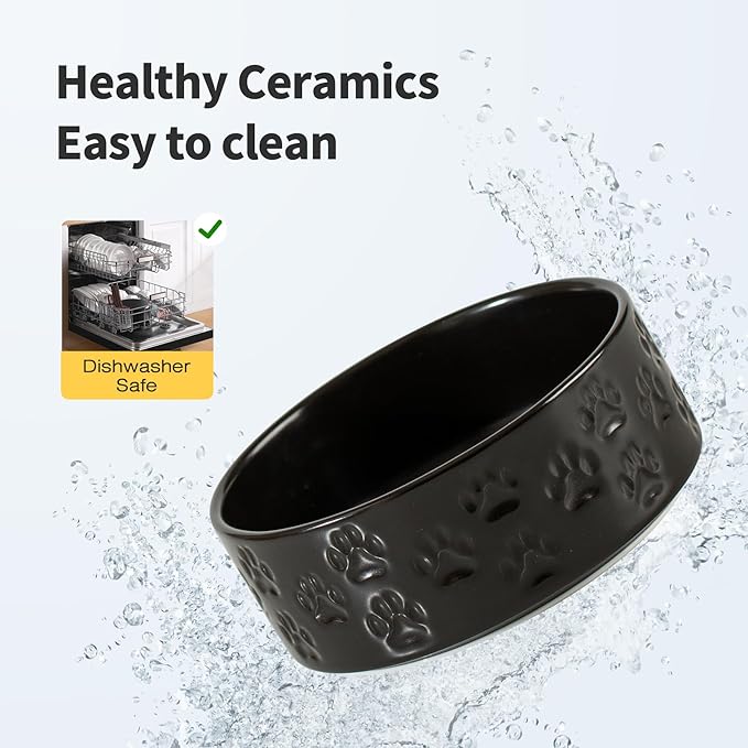 Elevated Ceramic Dog Bowls, 8.3" Food & Water Bowls with Stand, Elevated Dog Dishes for Large Breed Dogs, Microwave Safe, Dishwasher Safe (Double Bowls + Stand - Black, 8 inch)