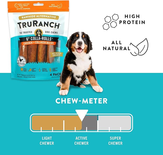 Collagen Rolls - 6" Collagen Rolls for Dogs - Long Lasting Healthy Joint Support - Rawhide Alternative - Skin & Coat Health - Made with Real Chicken, Value Pack, 15 Bags, 60 Count