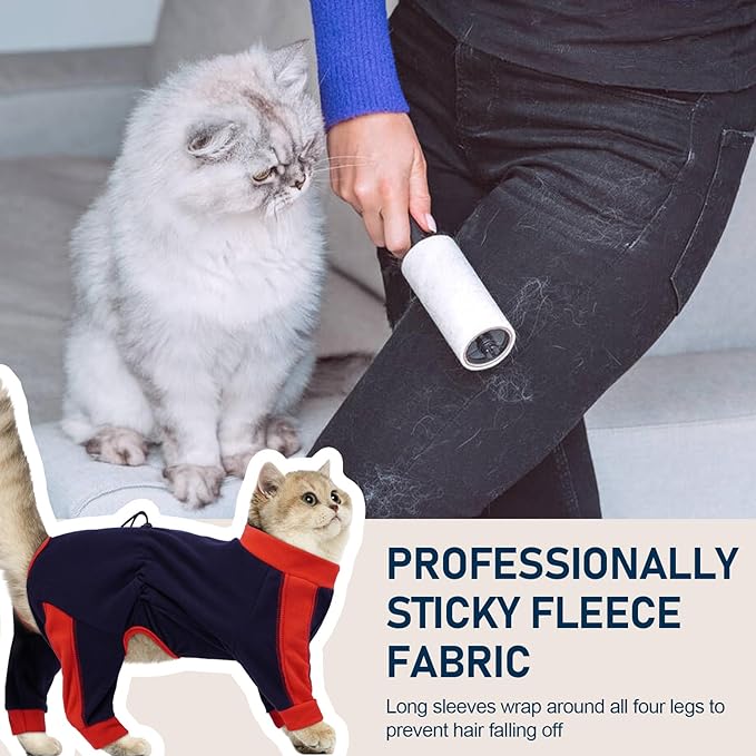 Cat Pajamas for Cats Only, Sticky Hair Cat Clothes, Long Sleeve Sphynx Clothes, Anti-Licking or Skin Disease Recovery Suit for Female Cats, Kitten Onesie Pajamas, DarkBlue, S