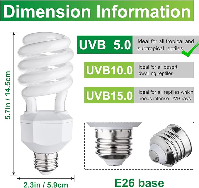UVB Reptile Light Bulb 5.0, 23W UV Spiral Compact Florescent Terrarium Lamp Ideal for Tropical Reptiles Bearded Dragon Hermit Crab Turtle Leopard Gecko Tank Chameleons Iguanas Snake - 2 Pack