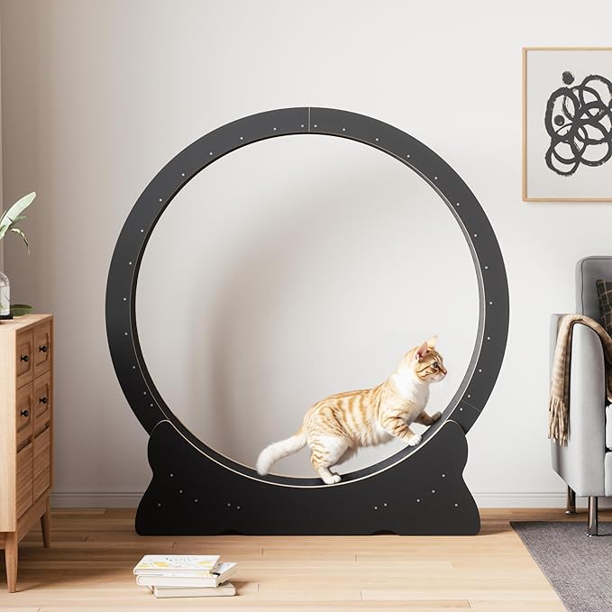 Cat Exercise Wheel, 43.3 inch Cat Wheel for Indoor Cats with Carpeted Runway, XL Cat Treadmill with Removable Carpet and Cat Teaser, for Running Walking Training (Black)