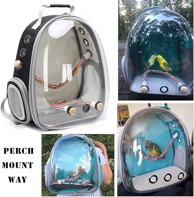Bird Traval Carrier Cage, Clear Space Capsule Astronaut Backpack to Carry Parakeet Cockatiel Parrot with Metal Tray Wood Perch, Vet Transport School Bag