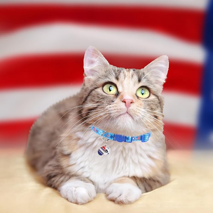 PUPTECK 3 Pack 4th of July Cat Collar with Bells Breakaway - Safety Small Kitten Collar Adjustable American Flag for Independence Day Blue, 8-12 in