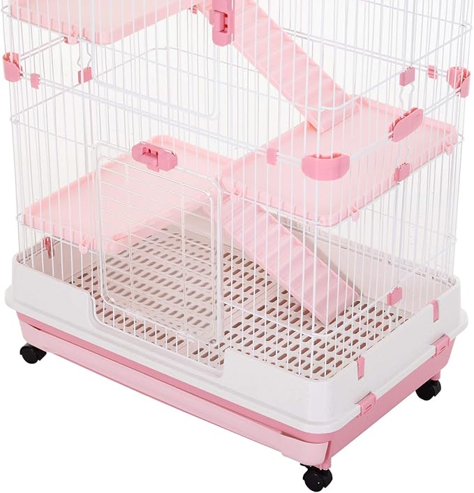 PawHut 4-Level Small Animal Cage Rabbit Hutch with Wheels, Removable Tray, Platform and Ramp for Bunny, Chinchillas, Ferret, Pink