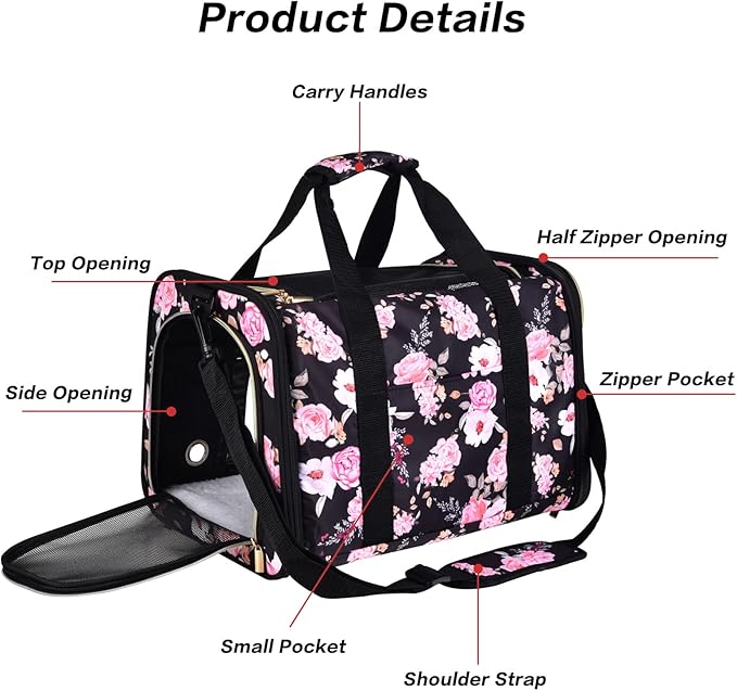 Petmolico Cat Carrier Soft-Sided Pet Bag for Small Medium Cats Puppies 16LBs - Airline Approved Cat Travel Carrier 3 Open Doors (Large,Pink Peony)