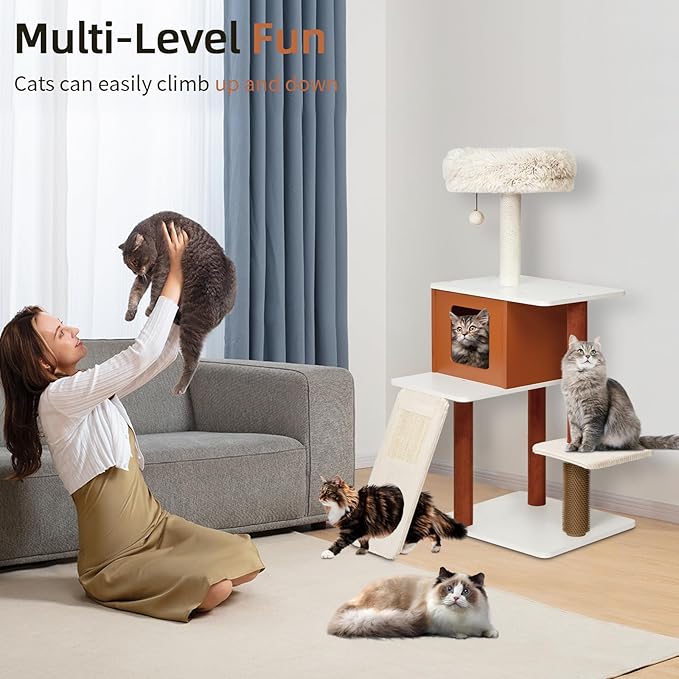 50in Modern Cat Tree with Sturdy Wood Frame - Multi-Level Indoor Activity Center with Sisal Scratching Posts, Plush Top Perch, Enclosed Condo & Hanging Toy