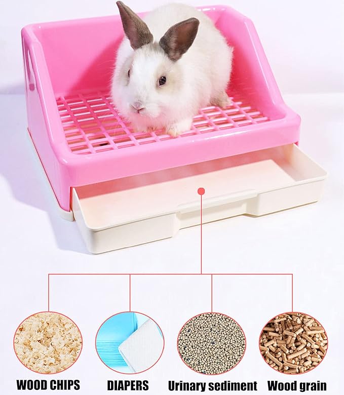 kathson Rabbit Litter Box Trainer Small Animal Potty Corner Toilet with Drawer Pet Cage Pan Litter Bedding Box for Adult Guinea Pig Hamster Bunny Ferret Galesaur Mouse Squirrel (Pink)