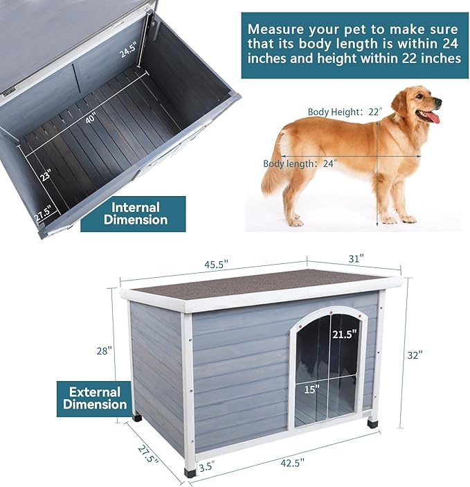 Petsfit Wooden Dog House Extreme Outback Log Cabin Weatherproof Outdoor Pet Kennel, Light Grey, Large/45.6" x 30.9" x 32.1"