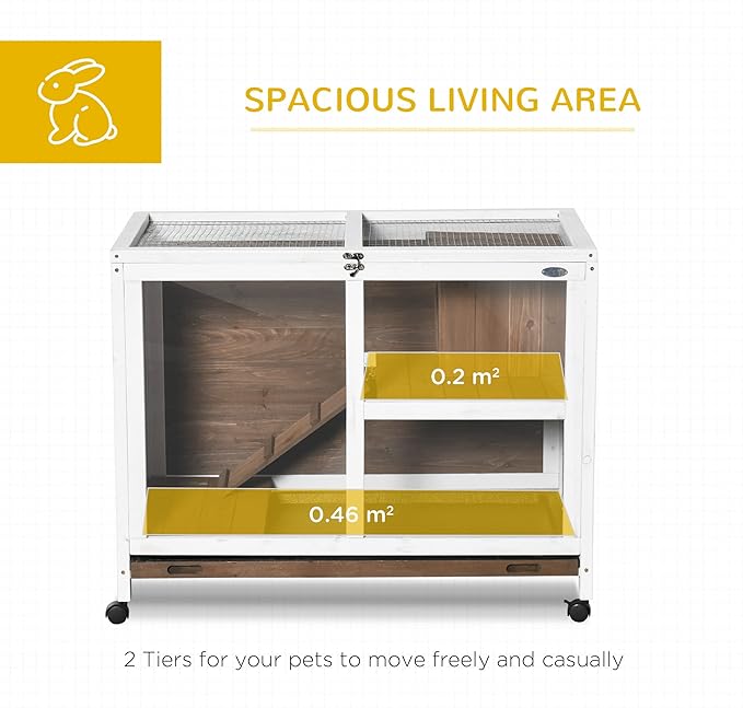 PawHut Rabbit Hutch with Wheels, Desk and Side Table Sized, Wooden Rabbit Cage, Waterproof Small Bunny Cage with Removable Tray, Openable Roof, for Rabbits, Chickens, Ducks, Indoor/Outdoor, Brown