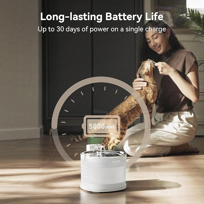 Cheerble Pumpless Pet Fountain Elfin E1+ with 9 Extra Filters, Wireless Pet Fountain Battery Operated, 2L/67oz E1+ Automatic Water Dispenser Cats & Dogs MagDrive™ Technology No Cleaning Hassle