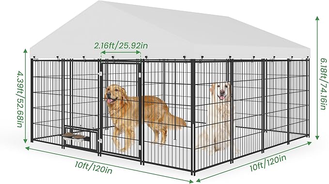 10 x 10 Large Dog Kennel Outdoor - Outside Dog Kennel with Roof, Covered Dog Kennels with Feeding Door and Double Lock, XL Outside Dog Cage for Large Dogs