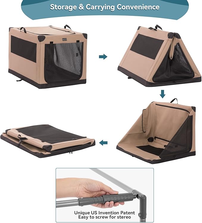 PETSFIT Soft Sided Dog Crate, with Patented Adjustable Fabric Cover, Chewproof & Lockable Mesh Doors, Waterproof Base Portable Kennel Khaki 40 Inch