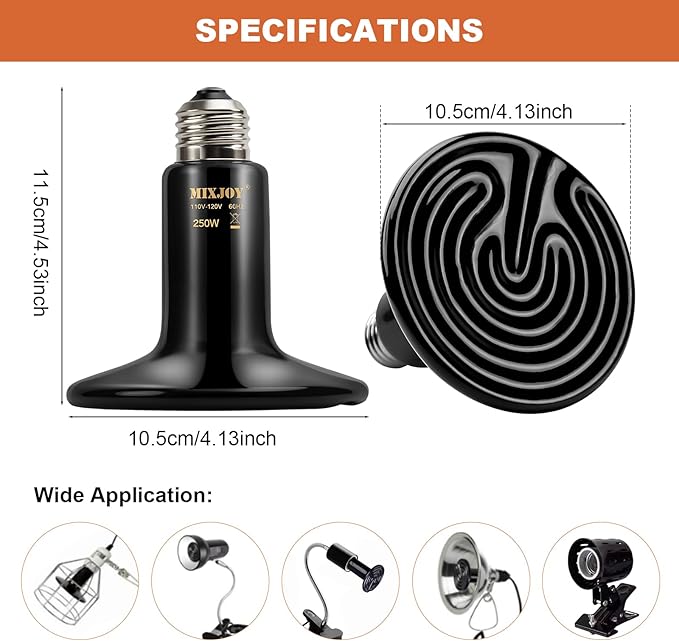MIXJOY 250W Reptile Heat Lamp 2Pack Ceramic Heat Emitters Reptile Heat Lamp Bulbs, No Light Emitting Ceramic Heat Bulbs for Amphibian Terrarium Reptile Gecko Lizard Bearded Dragon Turtle Chicken Snake