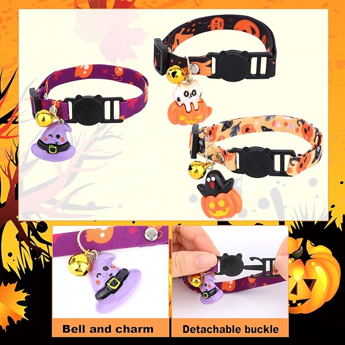 3pcs Halloween Cat Collars with Bells, Polyester Adjustable Breakaway Festive Kitten Puppy Fall Collars Playful Holiday Accessories for Small Dog Kitty Pets (Witch Hat, Pumpkin Cat, Ghost Pattern)