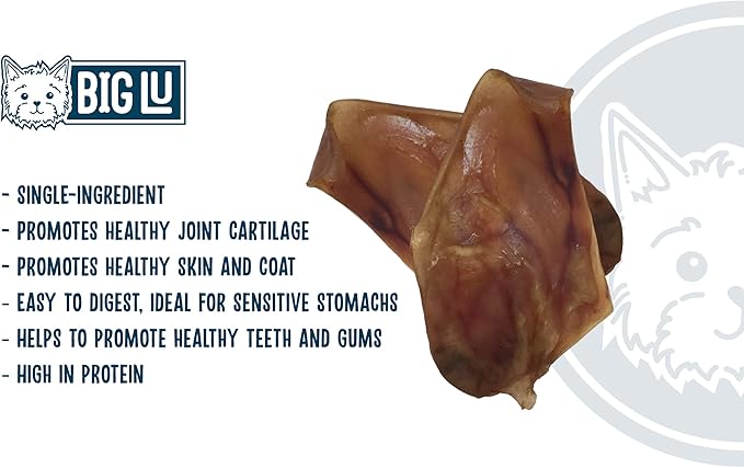 Big Lu – Pig Ear Dog Chews, 12 Count, All-Natural Single-Ingredient Pork Treats, Easily Digestible, Supports Joint Health with Glucosamine and Chondroitin