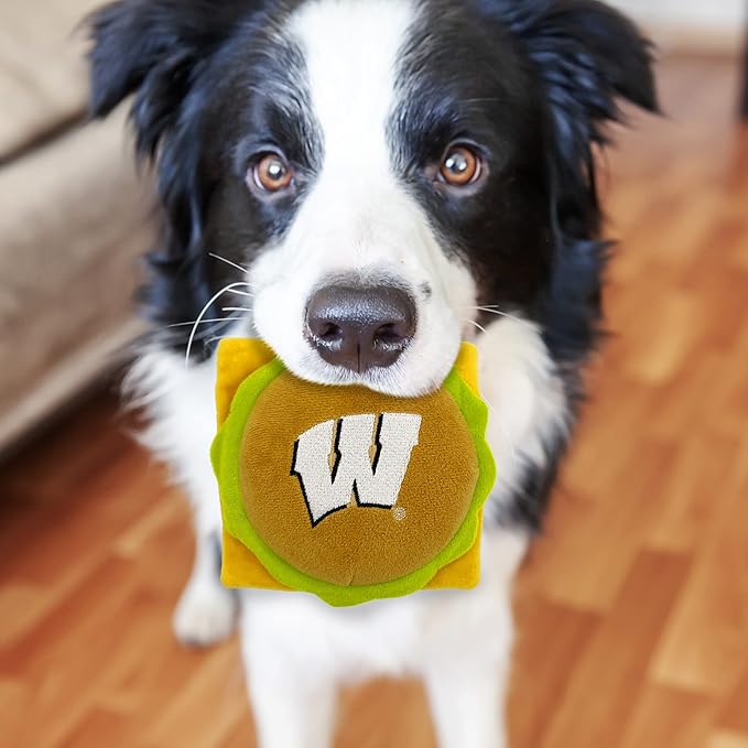 NCAA Wisconsin Badgers Cheeseburger Plush Dog & CAT Squeak Toy- Cutest Stadium Hamburger Snack Plush Toy for Dogs & Cats with Inner Squeaker & Beautiful Football/Basketball Team Name/Logo