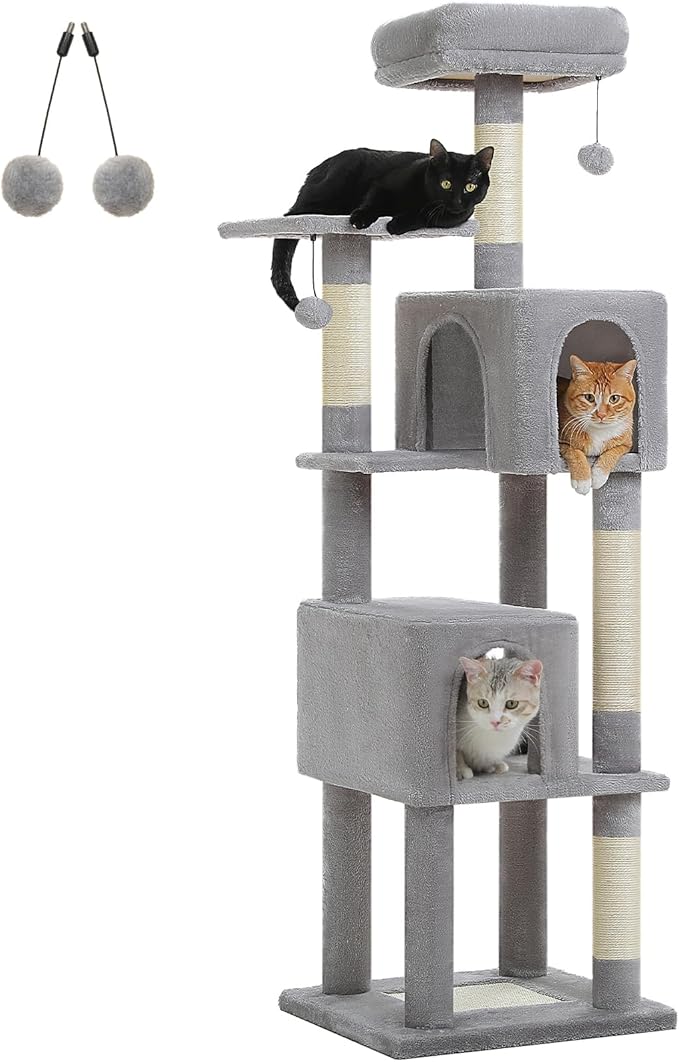PAWZ Road Cat Tree Tower 62 Inches Cat Tree with 2 Condos,2 Large Perch,4 Scratching Posts & 1 Scratching Board, and 2 Hanging Balls for Indoor Cats-Grey