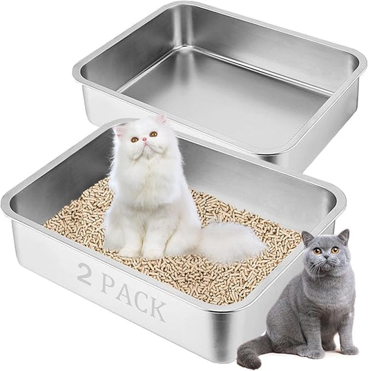 2 Pack Stainless Steel Litter Box for Cats,17.7"×13.8"×2.8" Metal Litter Pan Low Entry for Small Kittens and Senior Cat,Shallow Litterbox for Guinea Pig,Puppy,Hamsters Toilet