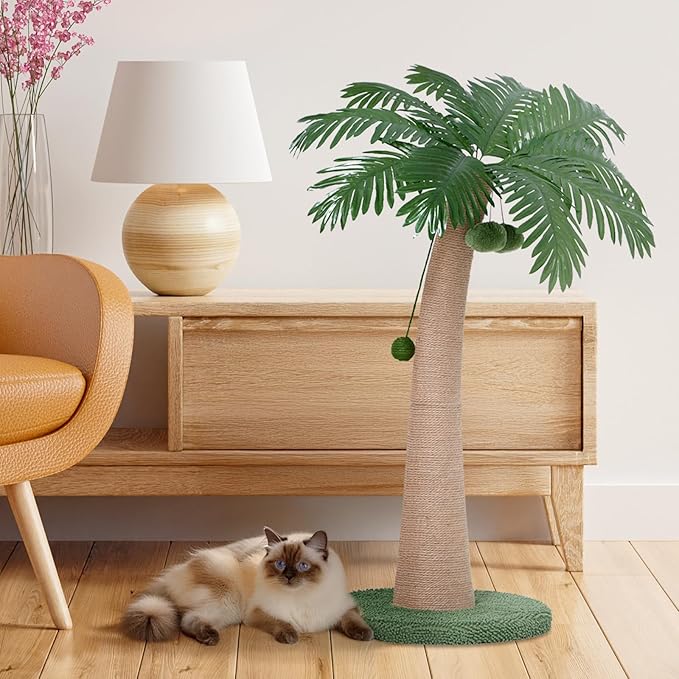 43 Inches Tall Cat Scratching Post for Large Cat, Coconut Tree Shaped Sisal Scratcher for Indoor Cat with 3 Pompoms