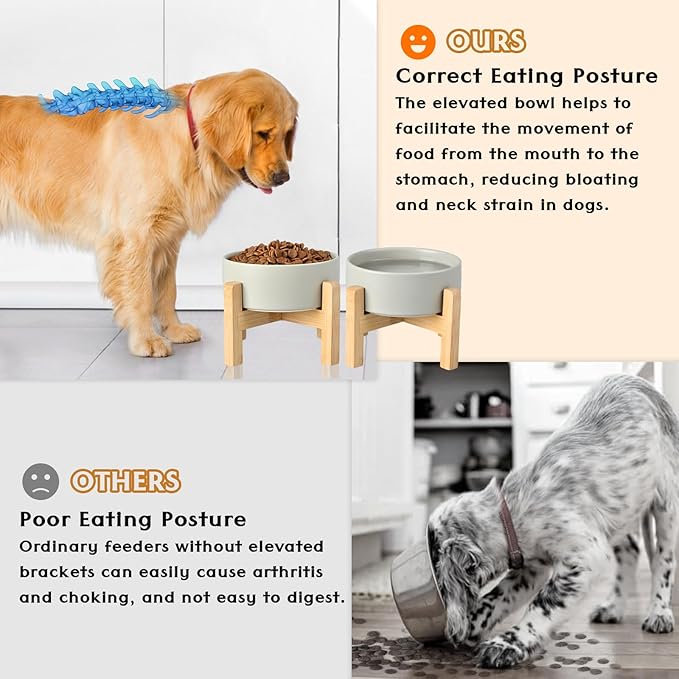 SPUNKYJUNKY Ceramic Elevated Dog Bowls 2 Pack - 8.3inch Raised Dog Bowls with Non-Slip Wooden Stand for Large Dogs Dishwasher Safe(Grey,60OZ*2)