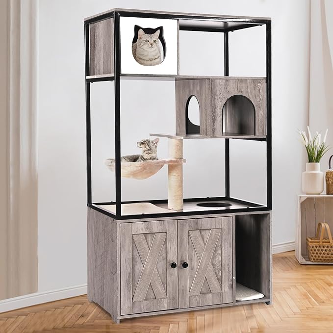 Cat Litter Box Enclosure, Wooden Cat Tree with Hidden Litter Box Enclosure, Indoor Cat House with Condo, Hammock Scratching Mat and Storage Shelves (Grey, Large)