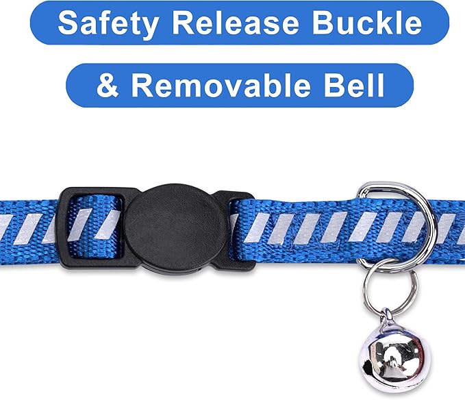 Pawtitas Personalized Cat Collar with Safety Buckle and Removable Bell Cat Collar with Name Phone Number Kitten Adjustable Collar Customized Cat Collar | Blue Reflective Collar for Cats