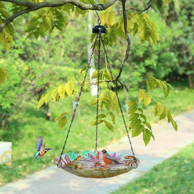 MUMTOP Hanging Bird Bath-Bird Baths for Outdoors - 12 Inch Watercolour Daisy Glass Bird Water Bowl Bird Feeders for Outside, Garden, Lawn Yard Decor